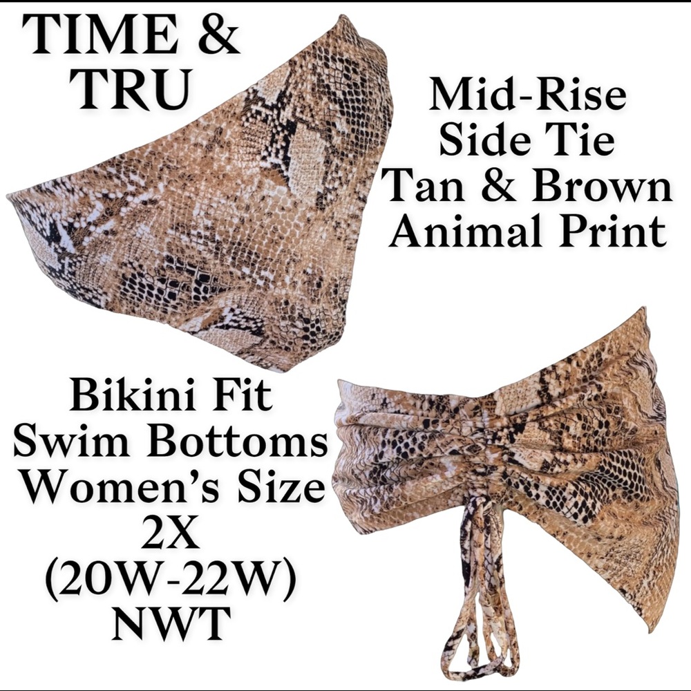 TIME & TRU MidRise Side Tie Tan Animal Print Bikini Fit Swim Bottom Women 2X NWT